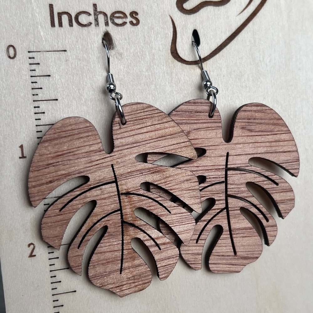 Wood monstera leaf earrings